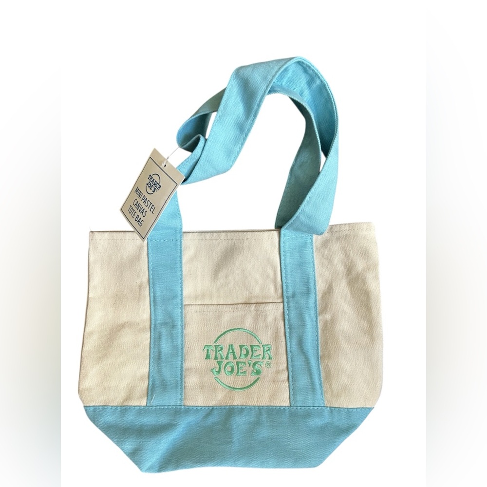 Cream & Light Blue Canvas Mini Tote Bag New with Tags Trader Joe’s Seasonal